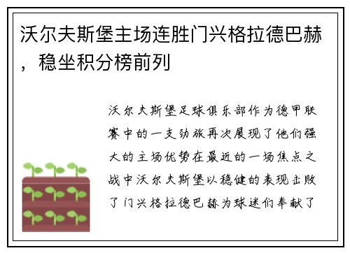 沃尔夫斯堡主场连胜门兴格拉德巴赫，稳坐积分榜前列