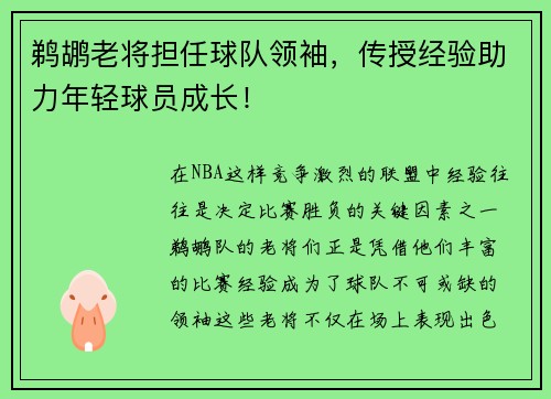 鹈鹕老将担任球队领袖，传授经验助力年轻球员成长！